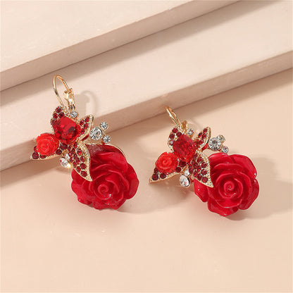 Red Crystal and Cubic Zirconia Flower Drop Earrings, drop earrings for women, elegant gift for her, side view