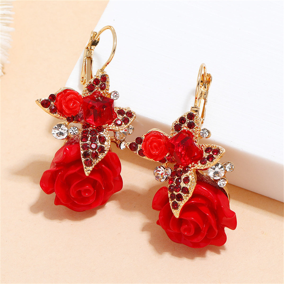 Red Crystal and Cubic Zirconia Flower Drop Earrings, drop earrings for women, elegant gift for her, detail close-up