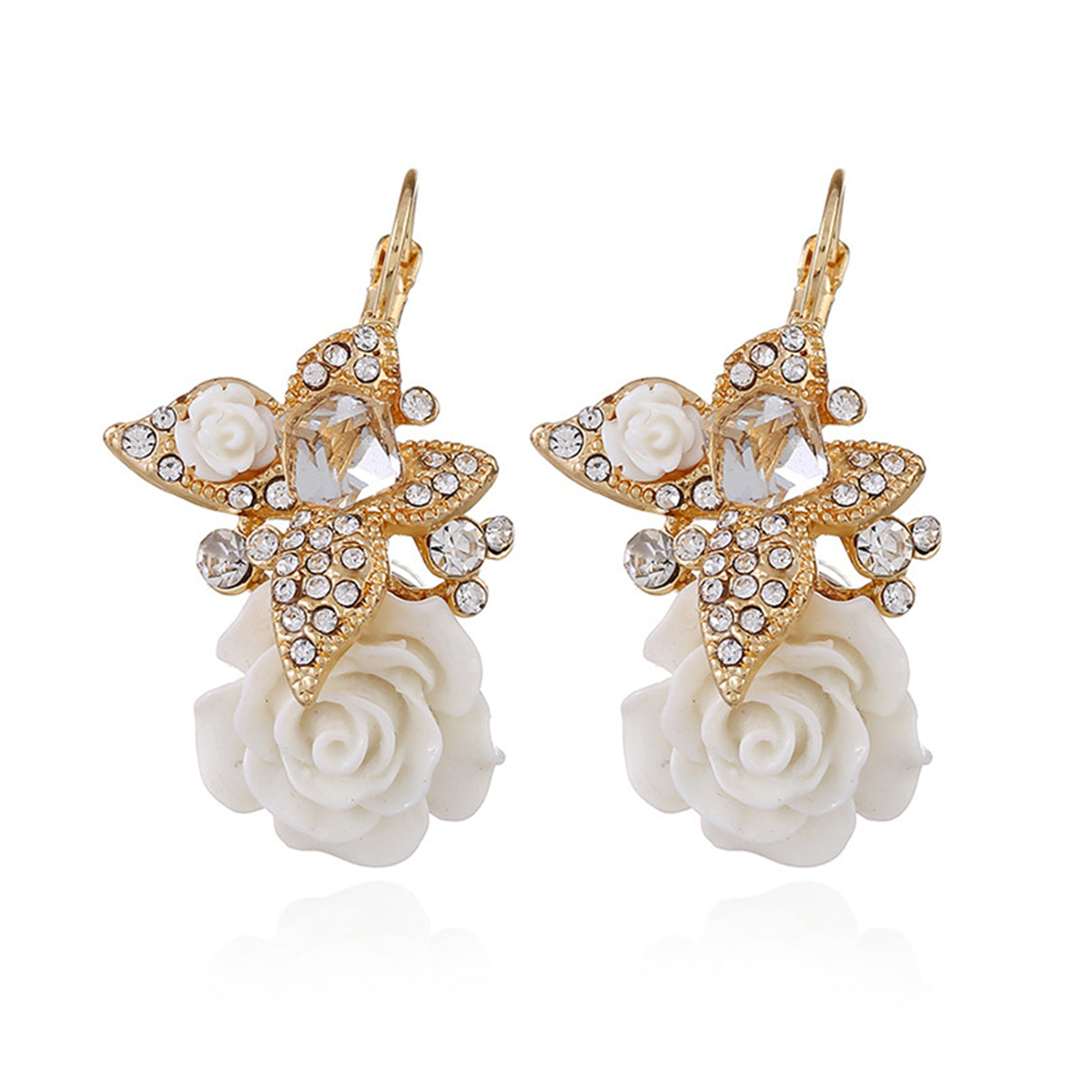 White Crystal and Cubic Zirconia Flower Drop Earrings, drop earrings for women, vintage-inspired design, front view