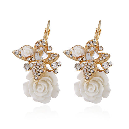 White Crystal and Cubic Zirconia Flower Drop Earrings, drop earrings for women, vintage-inspired design, front view