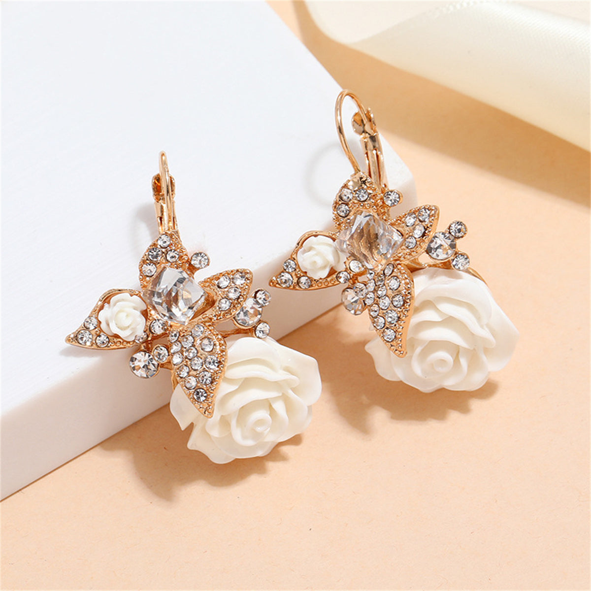 White Crystal and Cubic Zirconia Flower Drop Earrings, drop earrings for women, vintage-inspired design, side view