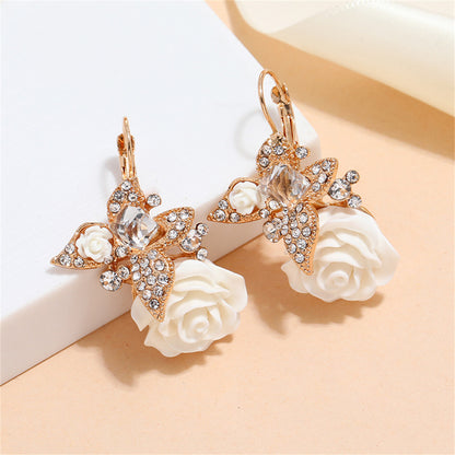 White Crystal and Cubic Zirconia Flower Drop Earrings, drop earrings for women, vintage-inspired design, side view