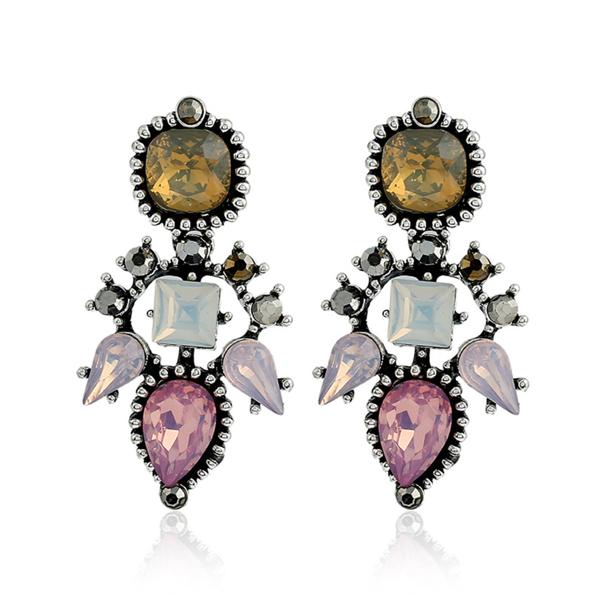 Pink Crystal and Cubic Zirconia Geometric Drop Earrings, drop earrings for women, botanical inspired, front view