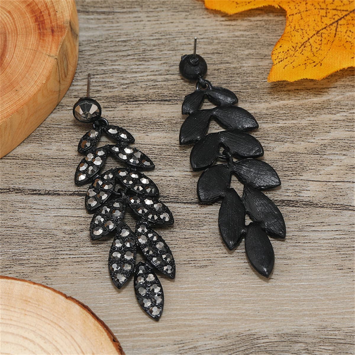 Black Cubic Zirconia Leaves Drop Earrings