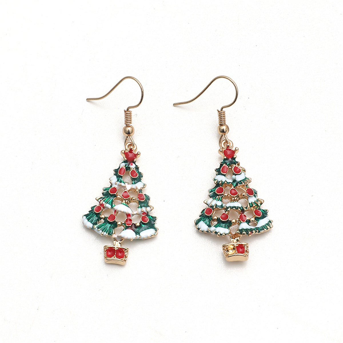 Red and Multicolor Enamel Christmas Tree Drop Earrings, drop earrings for women, vintage-inspired design, front view