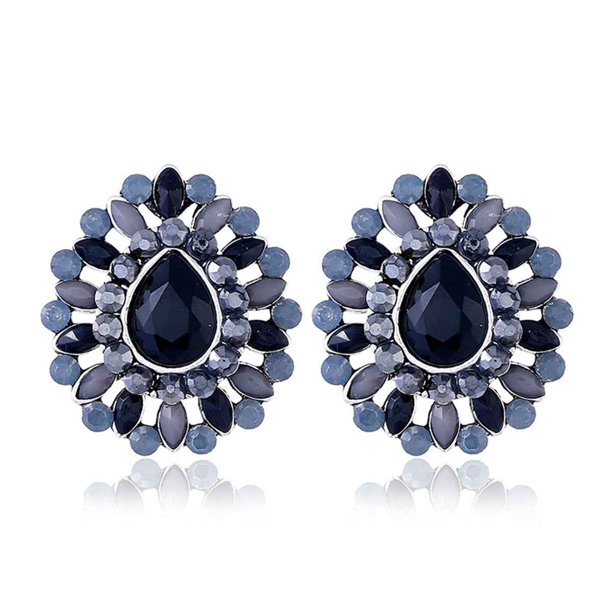 Black Crystal and Cubic Zirconia Teardrop Stud Earrings, stud earrings for women, dainty minimalist design, front view