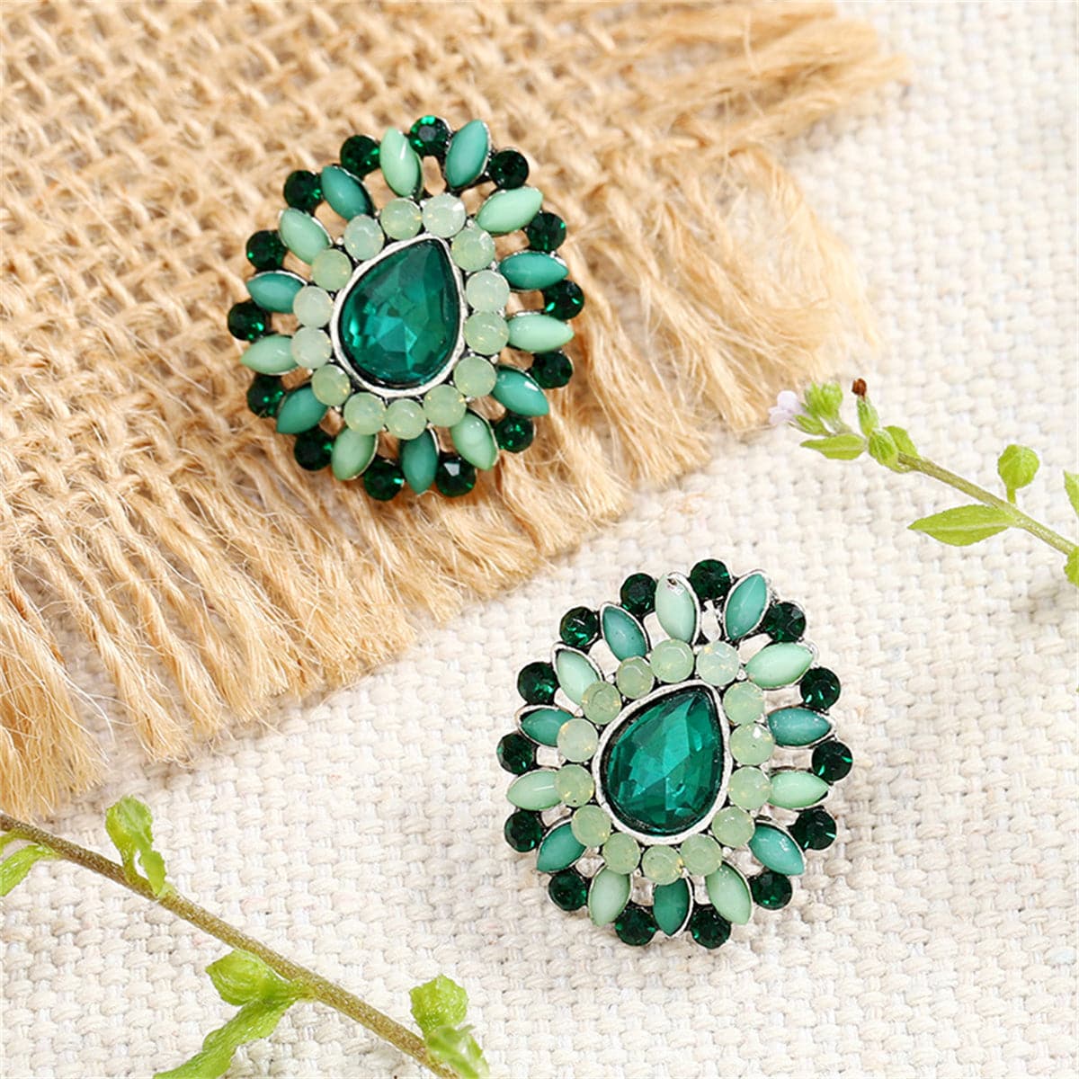 Green Crystal and Cubic Zirconia Stud Earrings, stud earrings for women, vintage-inspired design, front view
