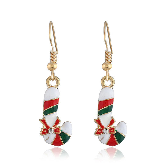 Cubic Zirconia and Enamel 18K Gold-Plated Christmas Crutch Drop Earrings, gold drop earrings for women, front view