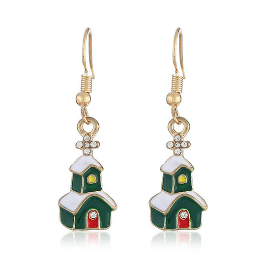 Cubic Zirconia and Enamel 18K Gold-Plated Snow House Drop Earrings, gold drop earrings for women, front view