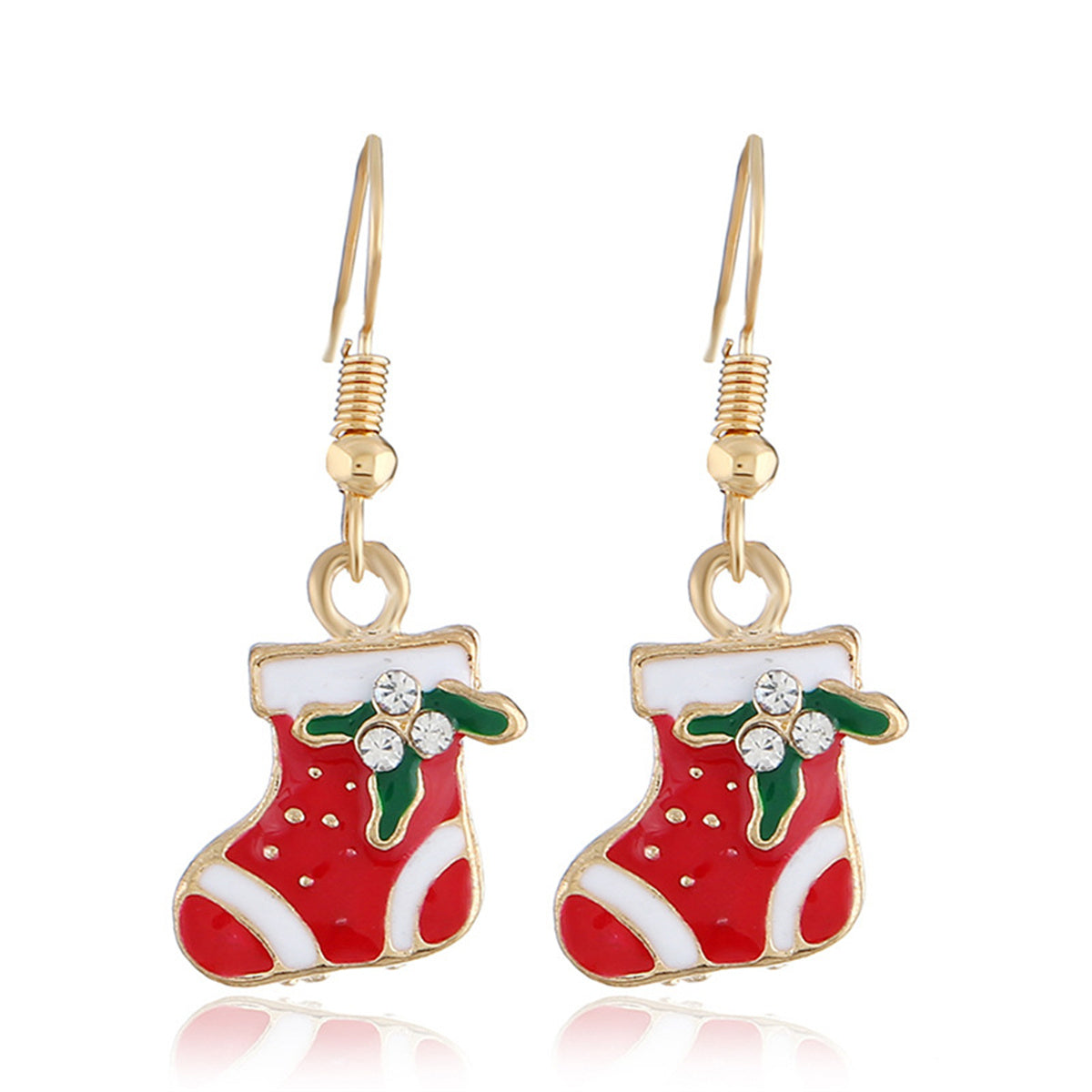 Red Enamel and Cubic Zirconia Stocking Drop Earrings, drop earrings for women, everyday style, front view