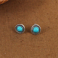 Turquoise & Silver-Plated Round Stud Earrings