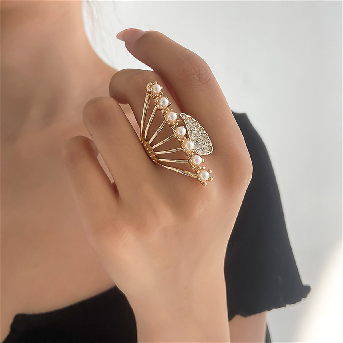 Pearl and Cubic Zirconia 18K Gold-Plated Wing Open Statement Ring, gold statement rings for women, front view