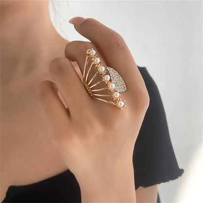 Pearl and Cubic Zirconia 18K Gold-Plated Wing Open Statement Ring, gold statement rings for women, front view