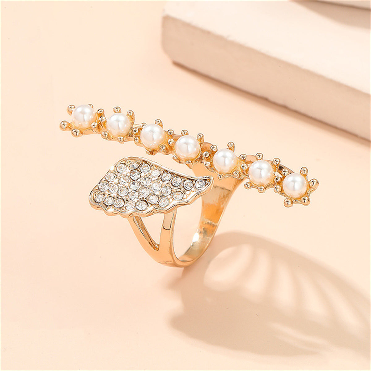 Pearl and Cubic Zirconia 18K Gold-Plated Wing Open Statement Ring, gold statement rings for women, detail close-up