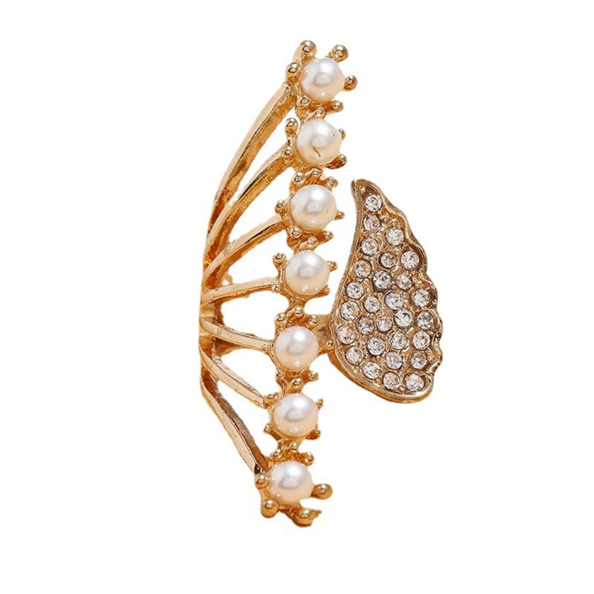 Pearl and Cubic Zirconia 18K Gold-Plated Wing Open Statement Ring, gold statement rings for women, side view