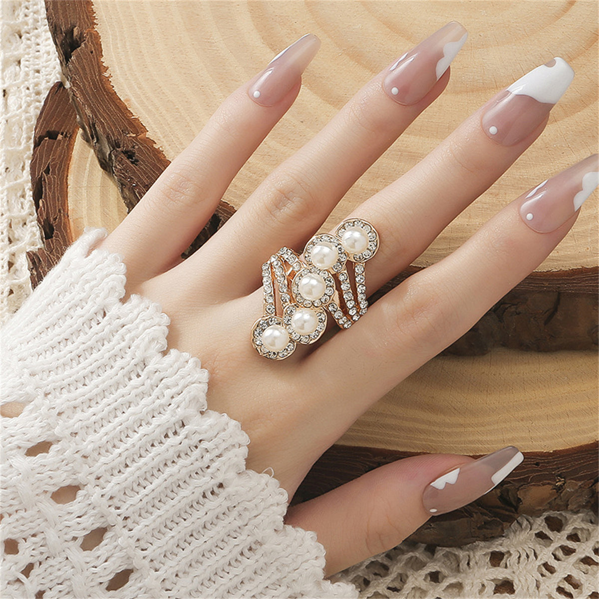 Pearl and Cubic Zirconia 18K Gold-Plated Bypass Adjustable Ring, gold statement rings for women, front view