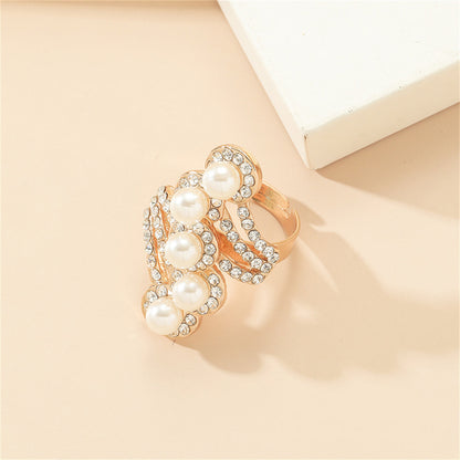 Pearl and Cubic Zirconia 18K Gold-Plated Bypass Adjustable Ring, gold statement rings for women, side view