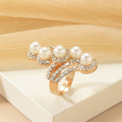 Pearl and Cubic Zirconia 18K Gold-Plated Bypass Adjustable Ring, gold statement rings for women, detail close-up