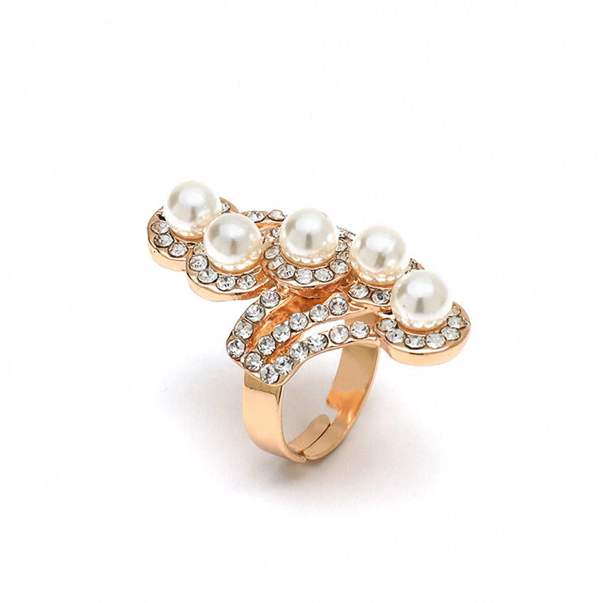 Pearl and Cubic Zirconia 18K Gold-Plated Bypass Adjustable Ring, gold statement rings for women, lifestyle look