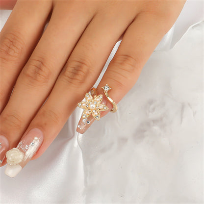 Cubic Zirconia and Pearl 18K Gold-Plated Floral Bypass Midi Ring, gold statement rings for women, front view