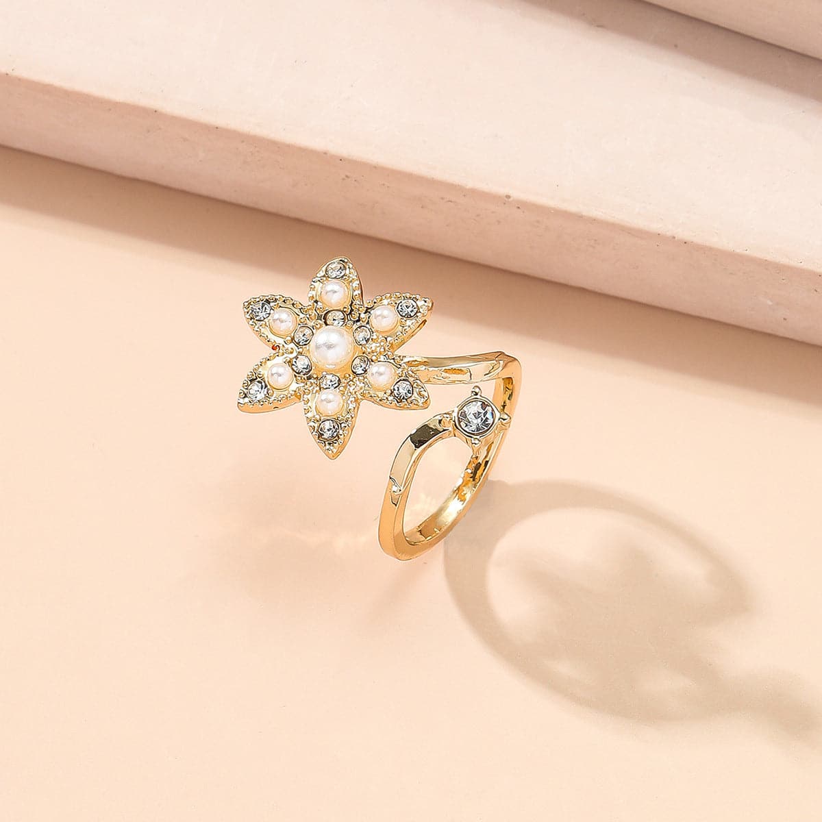 Cubic Zirconia and Pearl 18K Gold-Plated Floral Bypass Midi Ring, gold statement rings for women, side view