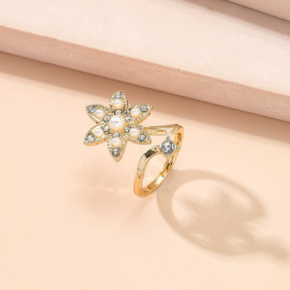 Cubic Zirconia and Pearl 18K Gold-Plated Floral Bypass Midi Ring, gold statement rings for women, side view