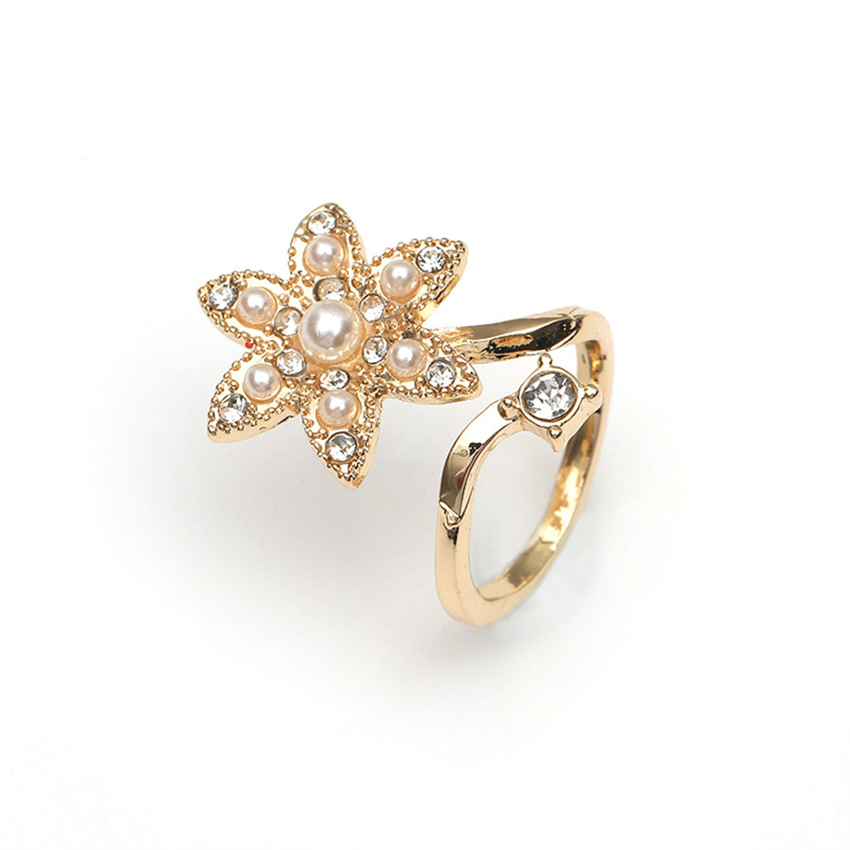 Cubic Zirconia and Pearl 18K Gold-Plated Floral Bypass Midi Ring, gold statement rings for women, detail close-up