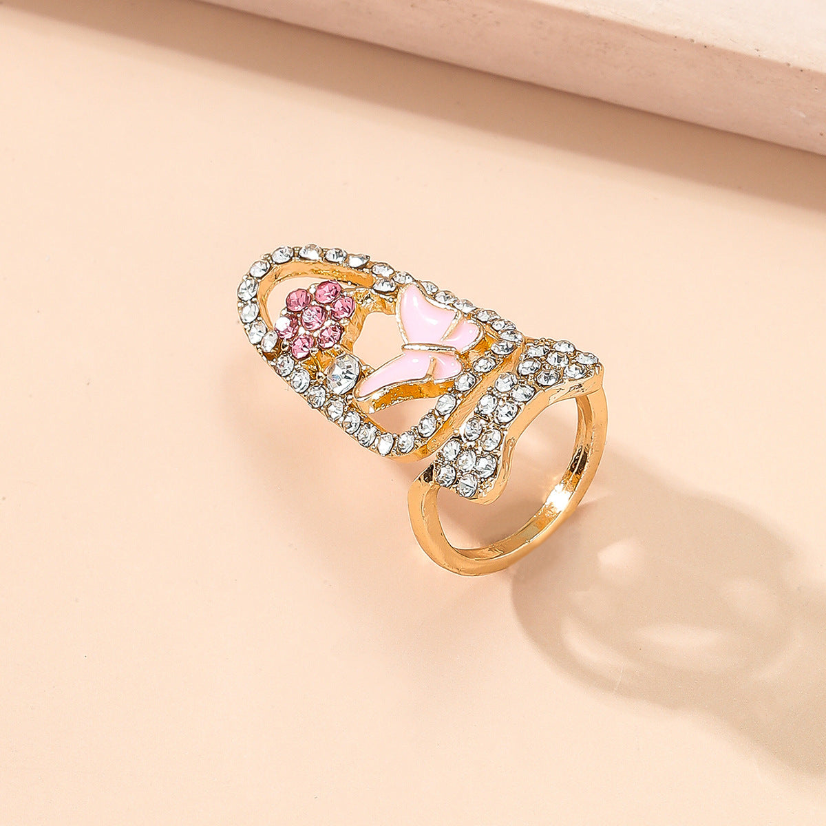 Cubic Zirconia and 18K Gold-Plated Butterfly Bypass Midi Ring, gold statement rings for women, detail close-up