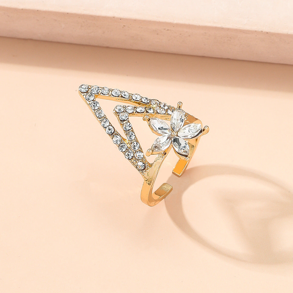 Crystal and Cubic Zirconia Triangle Floral Bypass Midi Ring, statement rings for women, elegant gift for her, detail close-up