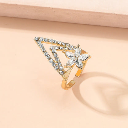 Crystal and Cubic Zirconia Triangle Floral Bypass Midi Ring, statement rings for women, elegant gift for her, detail close-up