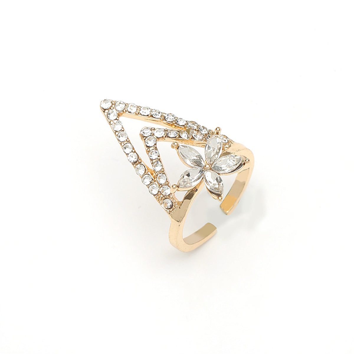 Crystal and Cubic Zirconia Triangle Floral Bypass Midi Ring, statement rings for women, elegant gift for her, side view