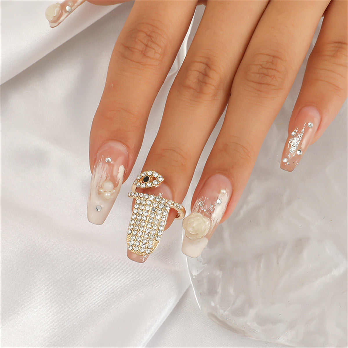 Cubic Zirconia and 18K Gold-Plated Eye Bypass Midi Ring, gold statement rings for women, botanical inspired, front view