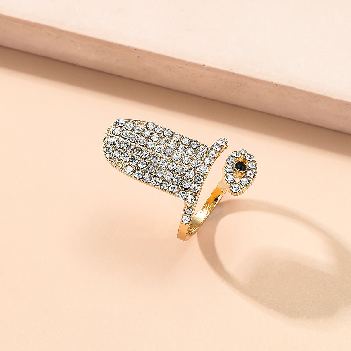 Cubic Zirconia and 18K Gold-Plated Eye Bypass Midi Ring, gold statement rings for women, botanical inspired, detail close-up
