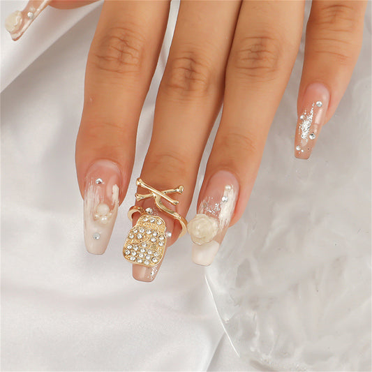 Cubic Zirconia and 18K Gold-Plated Skull Bypass Midi Ring, gold statement rings for women, botanical inspired, front view