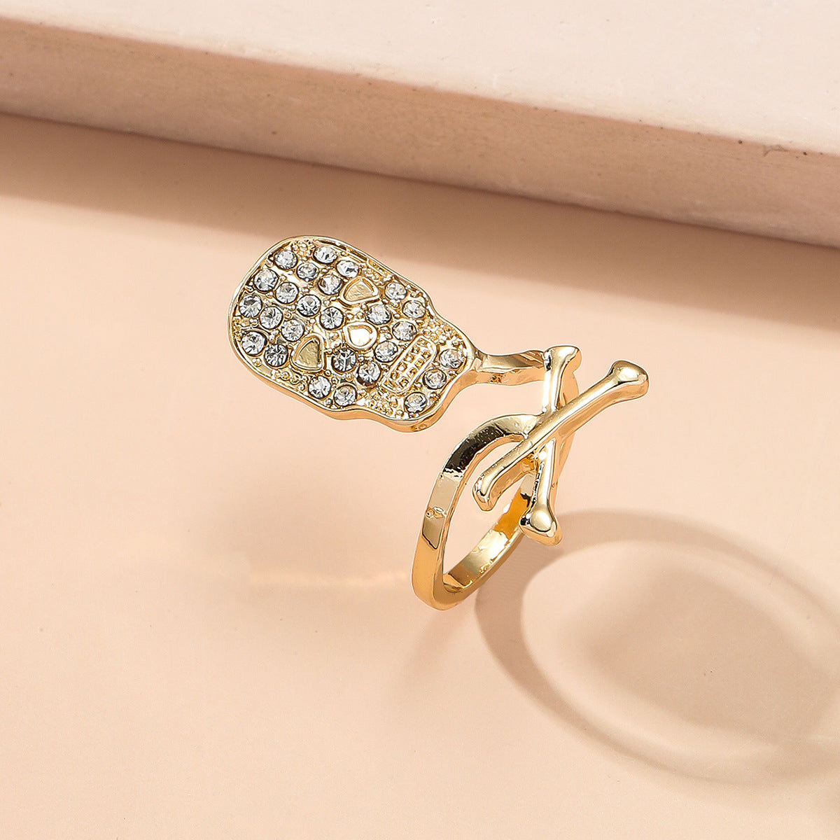 Cubic Zirconia and 18K Gold-Plated Skull Bypass Midi Ring, gold statement rings for women, detail close-up