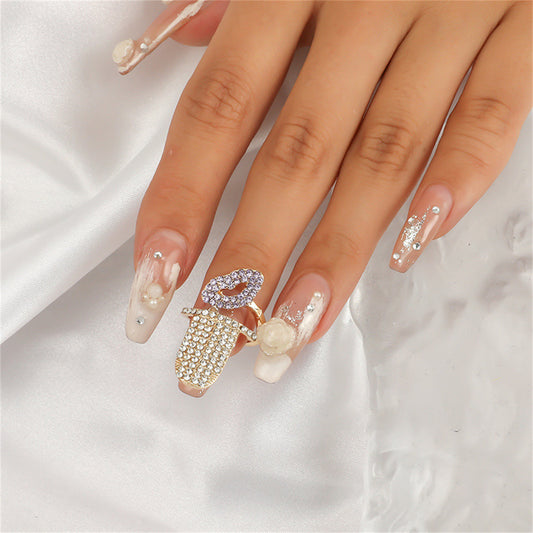 Cubic Zirconia and 18K Gold-Plated Lip Bypass Midi Ring, gold statement rings for women, botanical inspired, front view