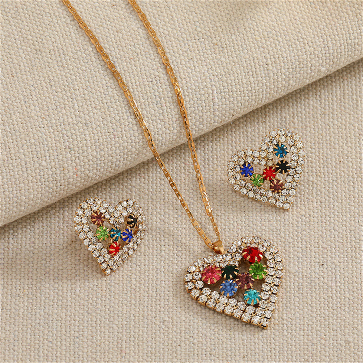 Red Crystal and Cubic Zirconia Heart Pendant Necklace Set, stud earrings for women, elegant gift for her, front view