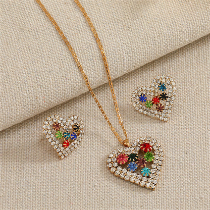 Red Crystal and Cubic Zirconia Heart Pendant Necklace Set, stud earrings for women, elegant gift for her, front view