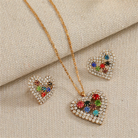Red Crystal and Cubic Zirconia Heart Pendant Necklace Set, stud earrings for women, elegant gift for her, front view