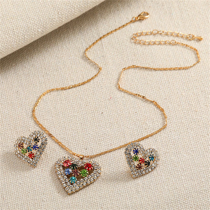 Red Crystal and Cubic Zirconia Heart Pendant Necklace Set, stud earrings for women, elegant gift for her, detail close-up