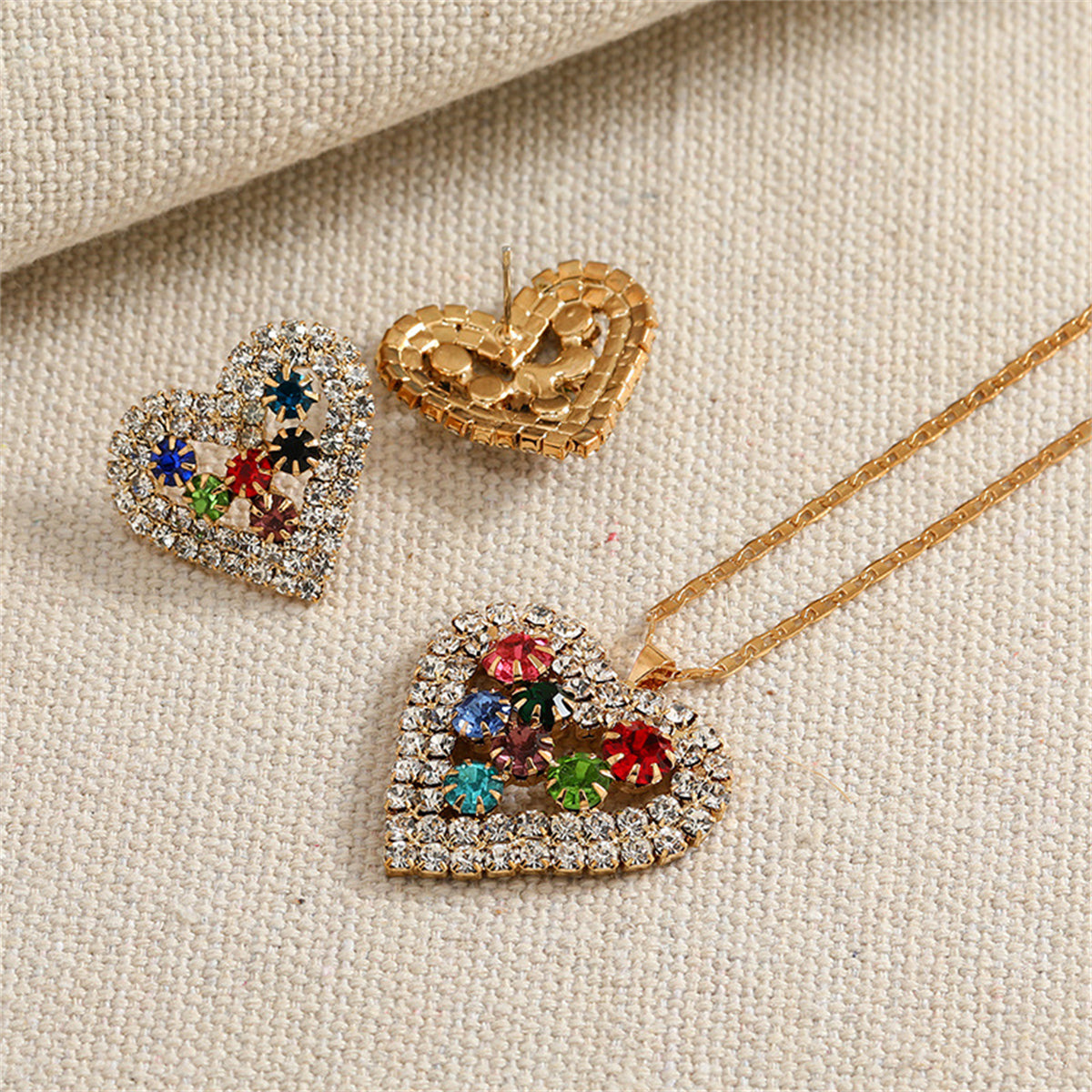 Red Crystal and Cubic Zirconia Heart Pendant Necklace Set, stud earrings for women, elegant gift for her, side view