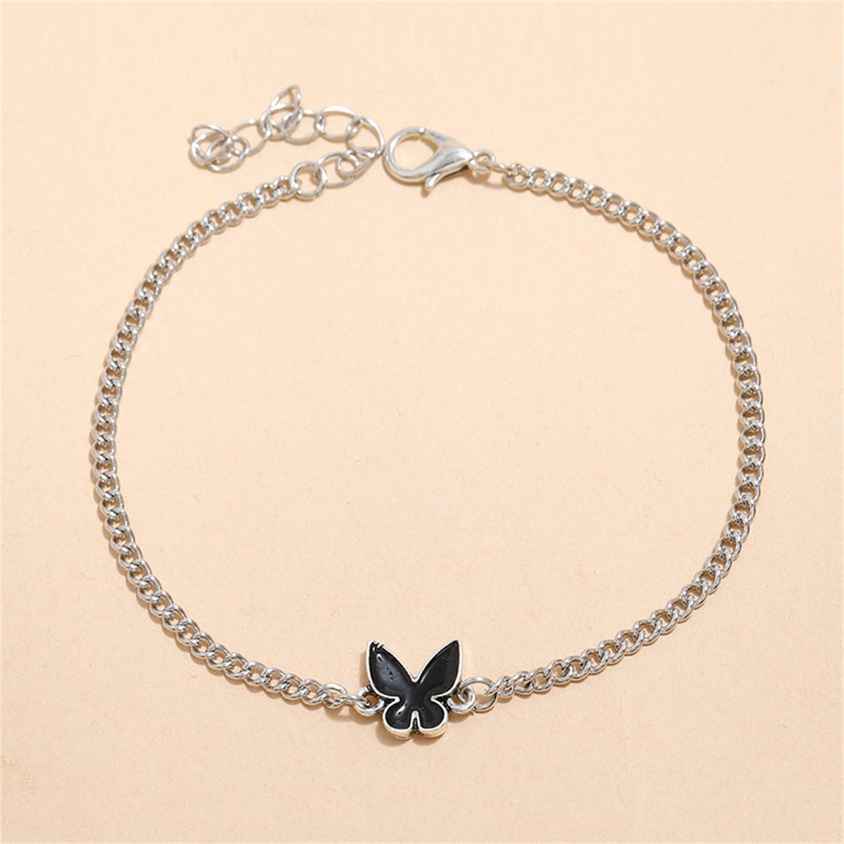 Black Enamel and Silver-Plated Butterfly Charm Bracelet, silver bracelet for women, vintage-inspired design, front view