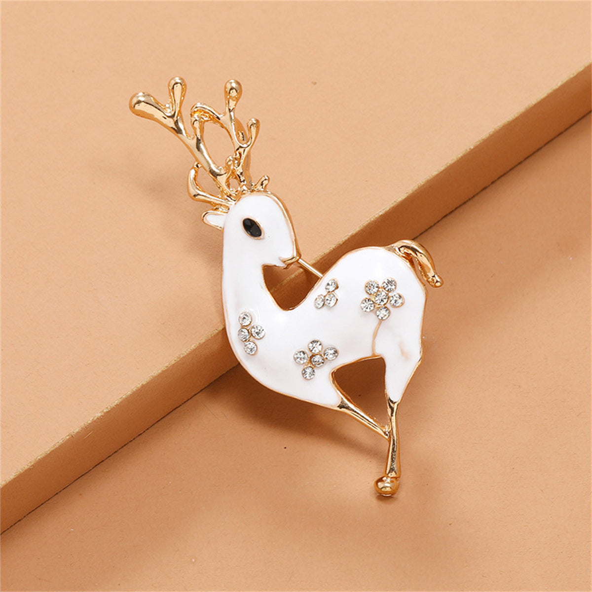 Cubic Zirconia and White Enamel 18K Gold-Plated Reindeer Brooch, gold brooch pin, elegant gift for her, front view