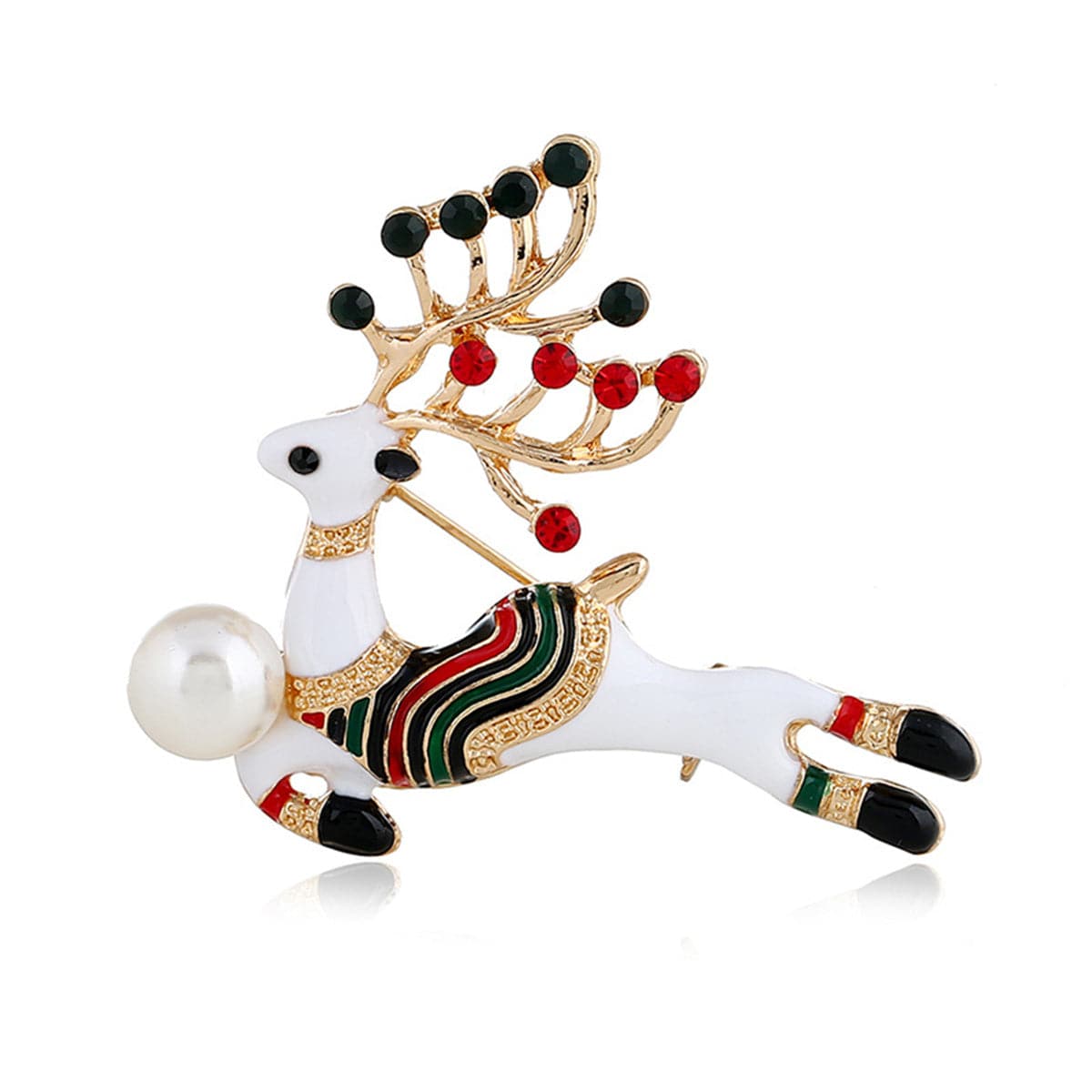 Cubic Zirconia and Pearl Enamel 18K Gold-Plated Reindeer Brooch, gold brooch pin, everyday style, side view