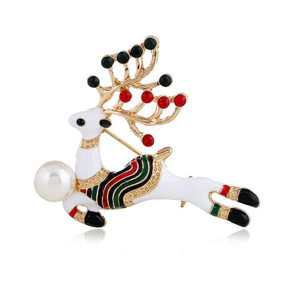 Cubic Zirconia and Pearl Enamel 18K Gold-Plated Reindeer Brooch, gold brooch pin, everyday style, side view