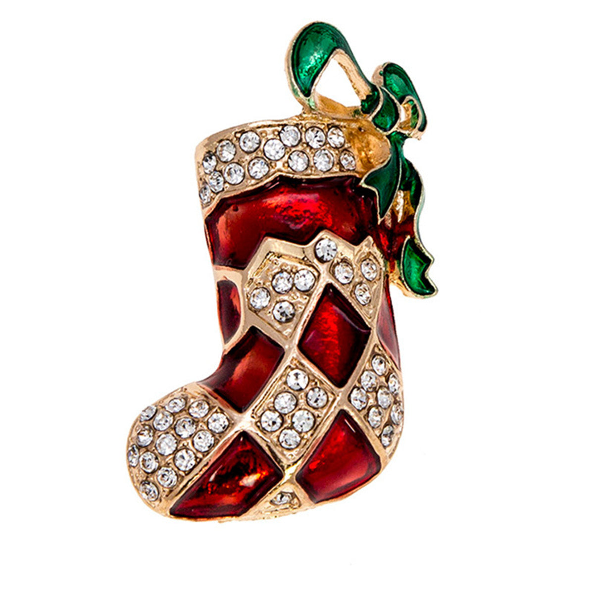 Red Enamel and Cubic Zirconia Christmas Stocking Brooch, brooch pin, botanical inspired, front view