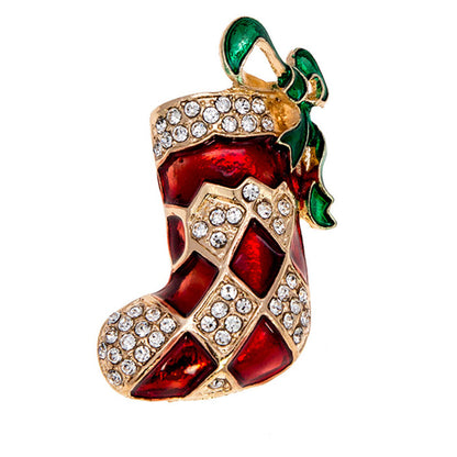 Red Enamel and Cubic Zirconia Christmas Stocking Brooch, brooch pin, botanical inspired, front view