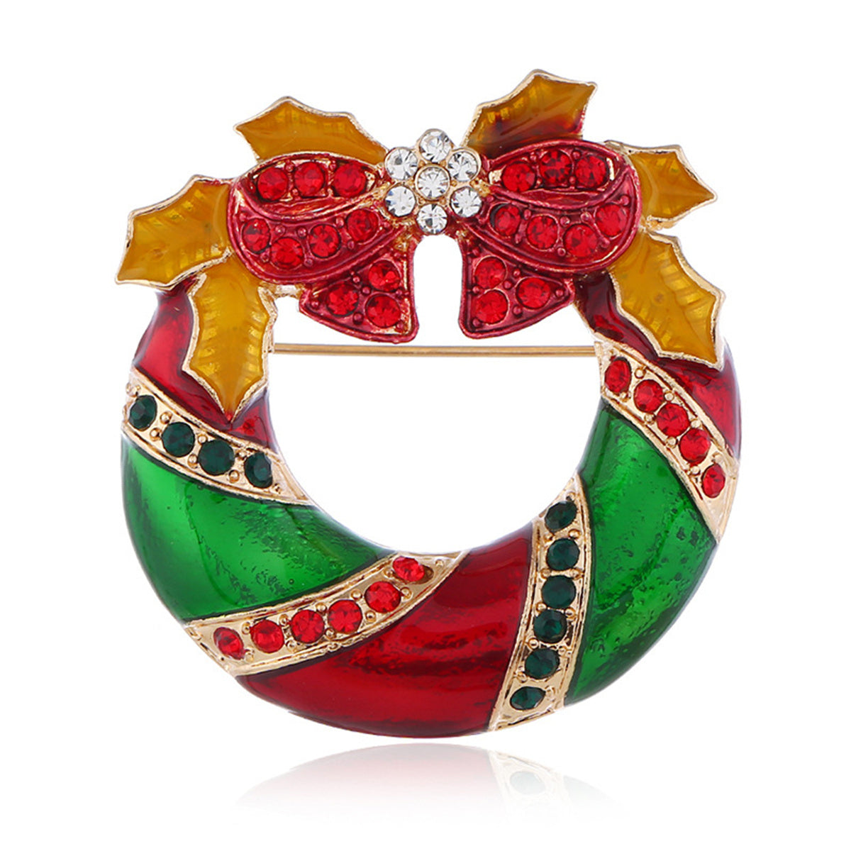 Red Cubic Zirconia and Enamel 18K Gold-Plated Christmas Bow Wreath Brooch, gold brooch pin, front view