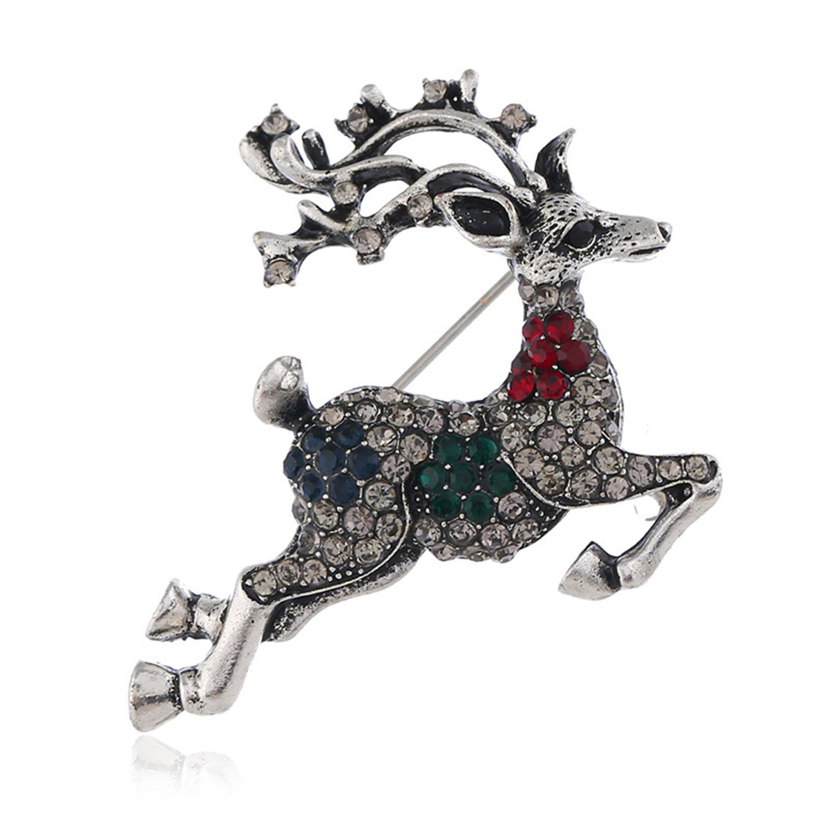 Cubic Zirconia and Silver-Plated Reindeer Brooch, silver brooch pin, botanical inspired, front view