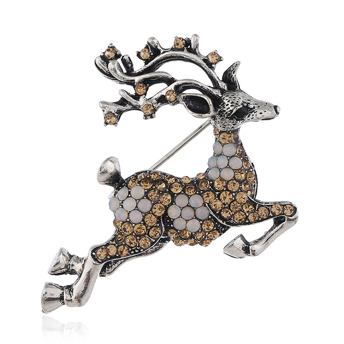 Cubic Zirconia and Silver-Plated Reindeer Brooch, silver brooch pin, vintage-inspired design, styled look